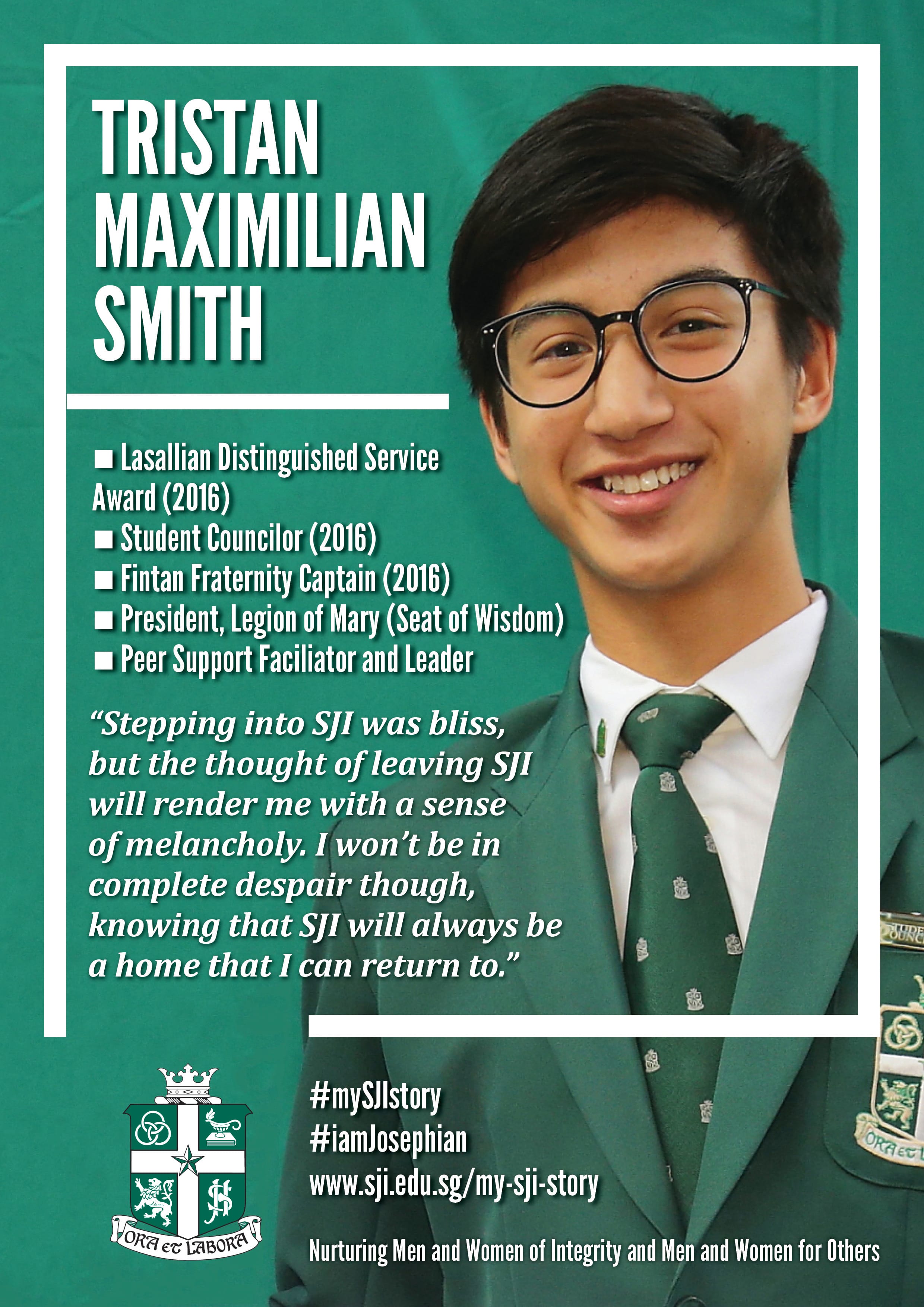 Smiling student in green blazer and tie with glasses beside text listing Tristan Maximilian Smith’s awards.